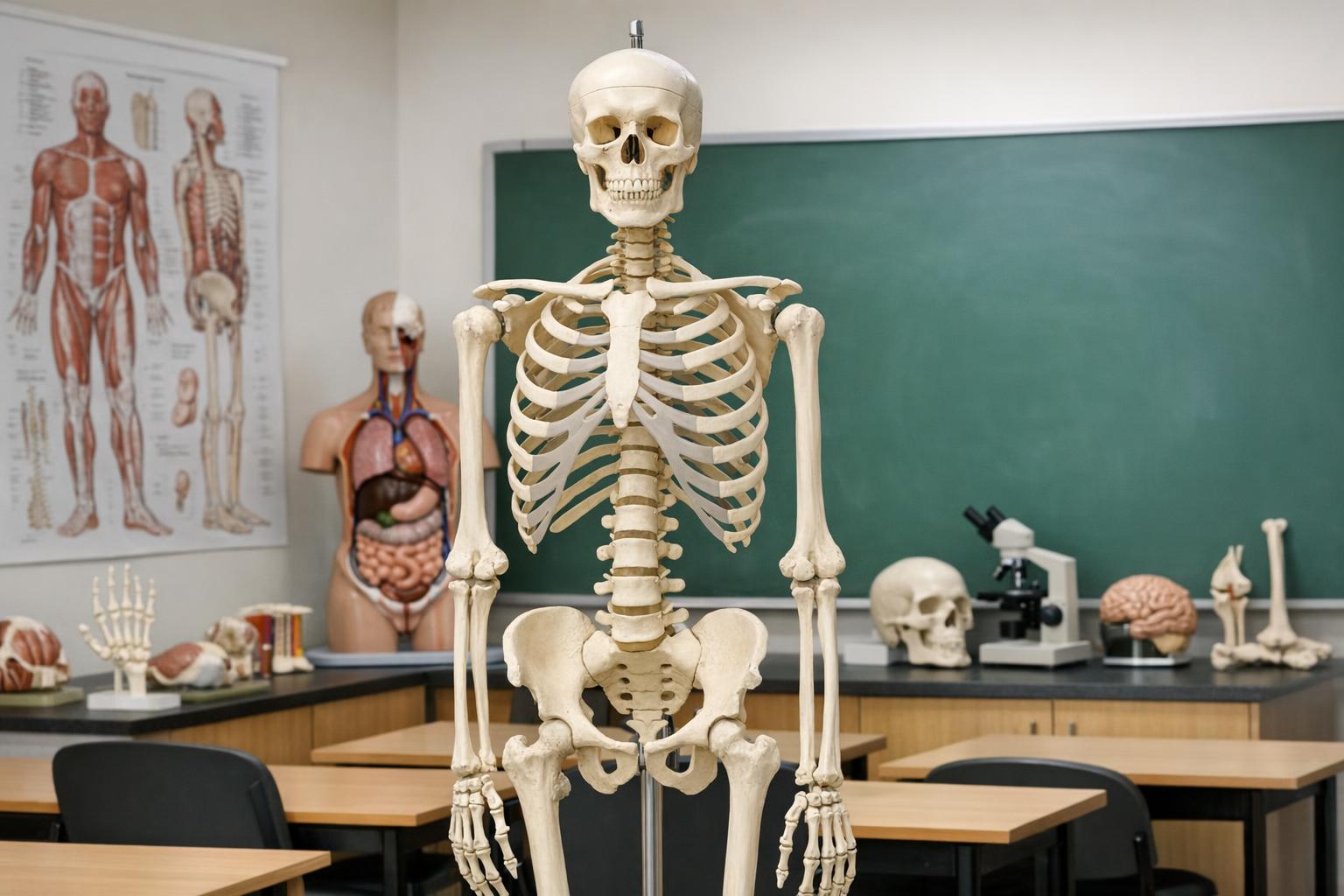model anatomiczny ludzkiego szkieletu w sali dydaktycznej